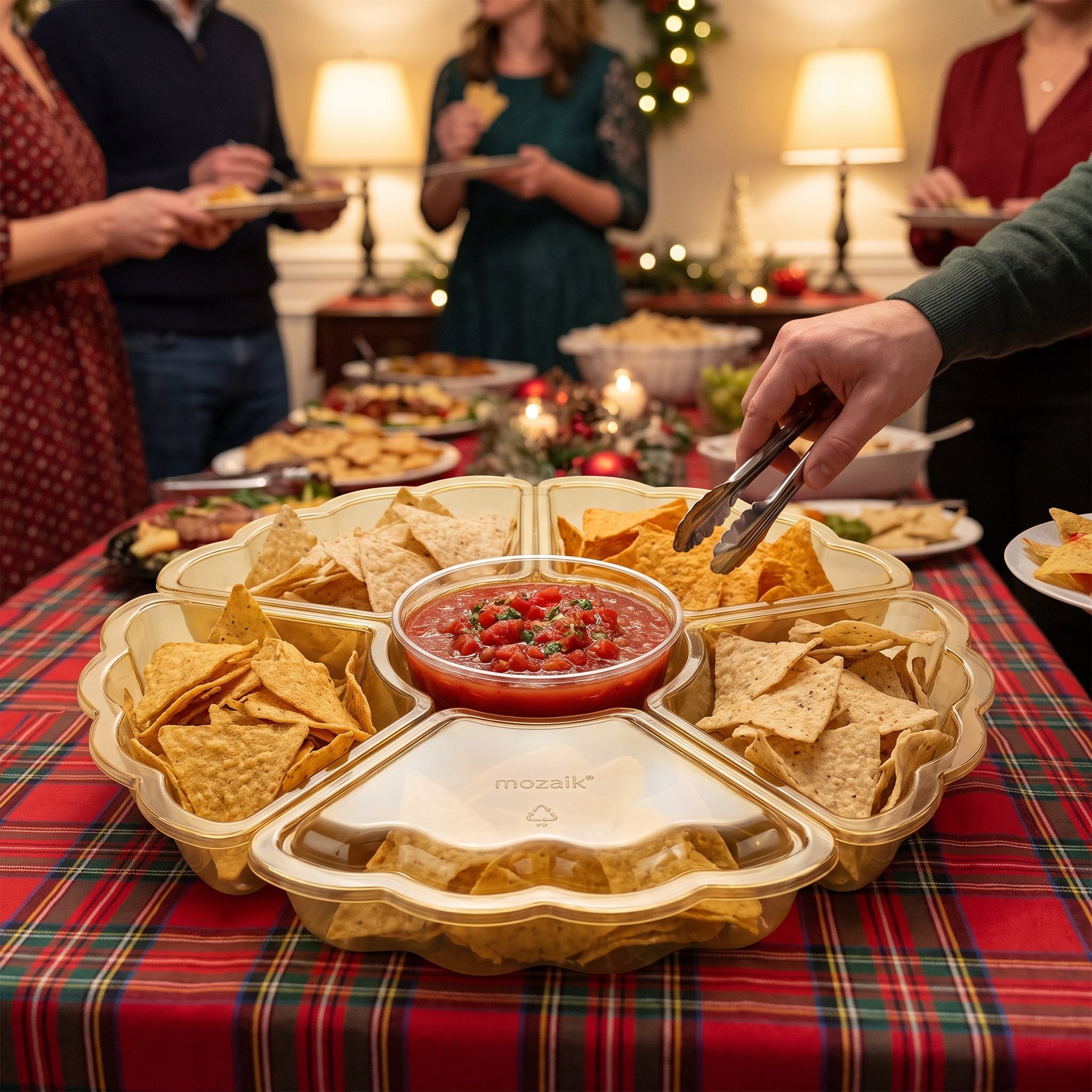 Elegant Scalloped Gold Plastic Chip and Dip Tray - 16"