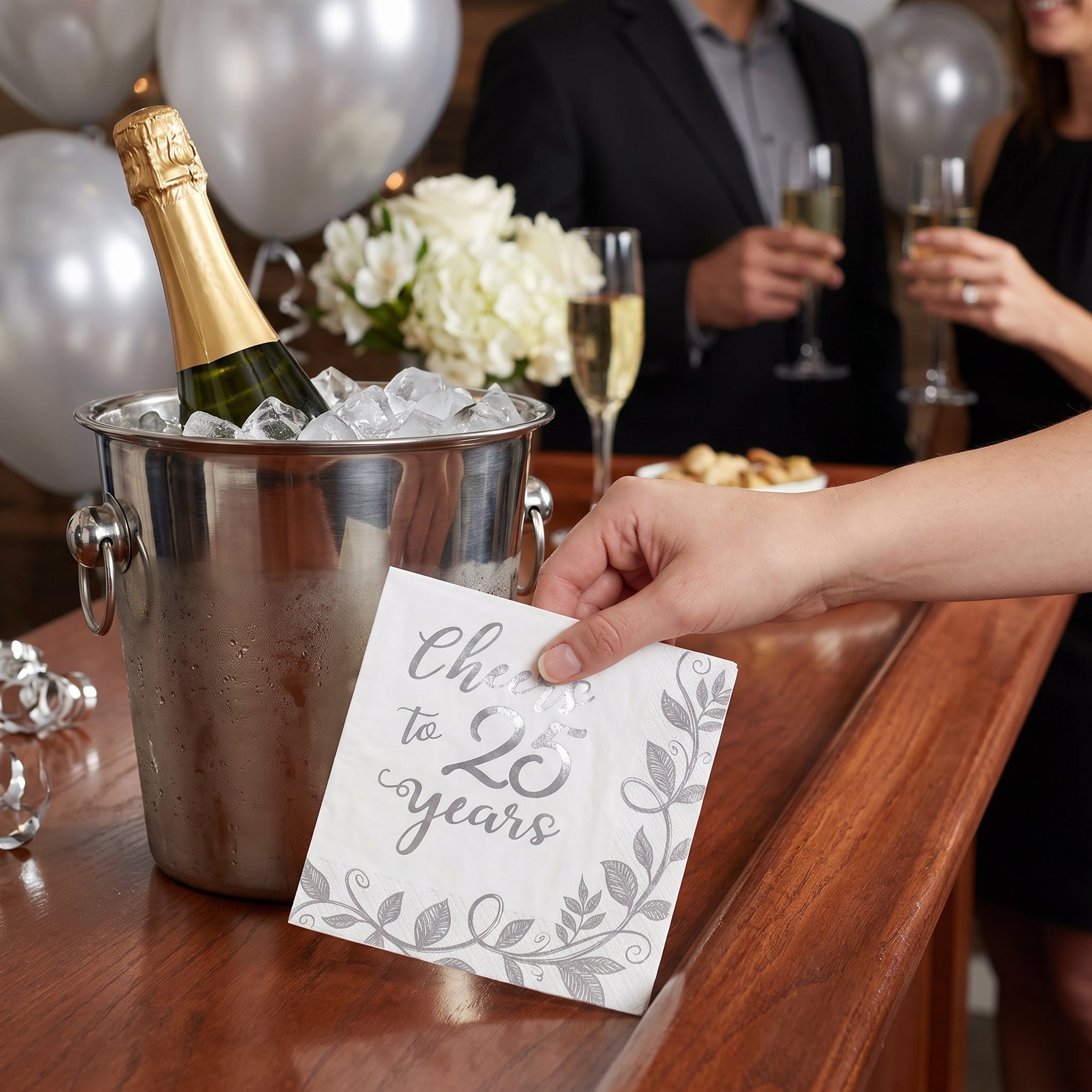 "Cheers to 25 Years" Silver Anniversary Beverage Napkins - 16 Pack - 5 In. X 5 In.