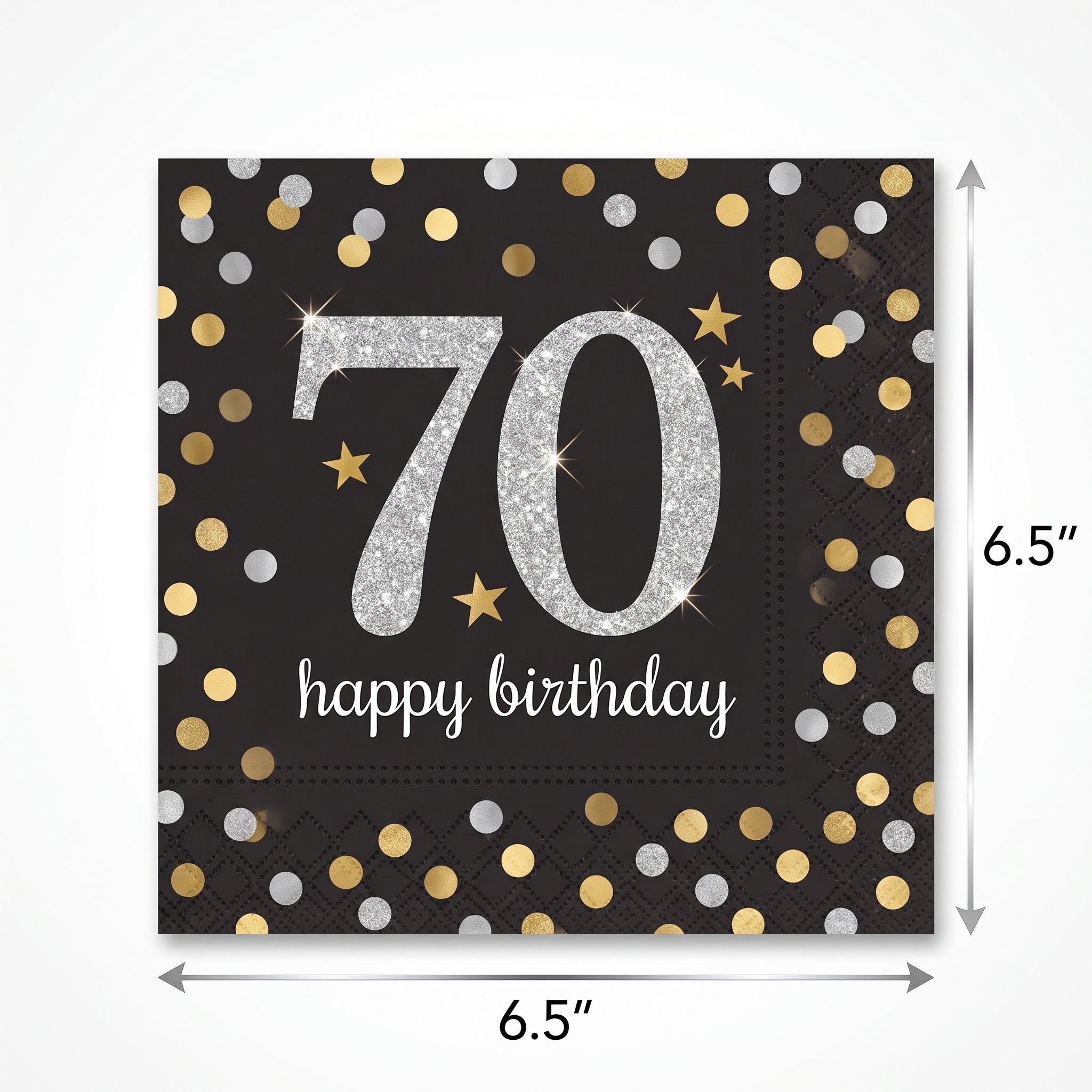 Sparkling Celebration 70th Birthday Lunch Napkins - 6.5 In. x 6.5 In. - Black/Silver/Gold, 16-Pack