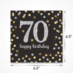Sparkling Celebration 70th Birthday Lunch Napkins - 6.5 In. x 6.5 In. - Black/Silver/Gold, 16-Pack