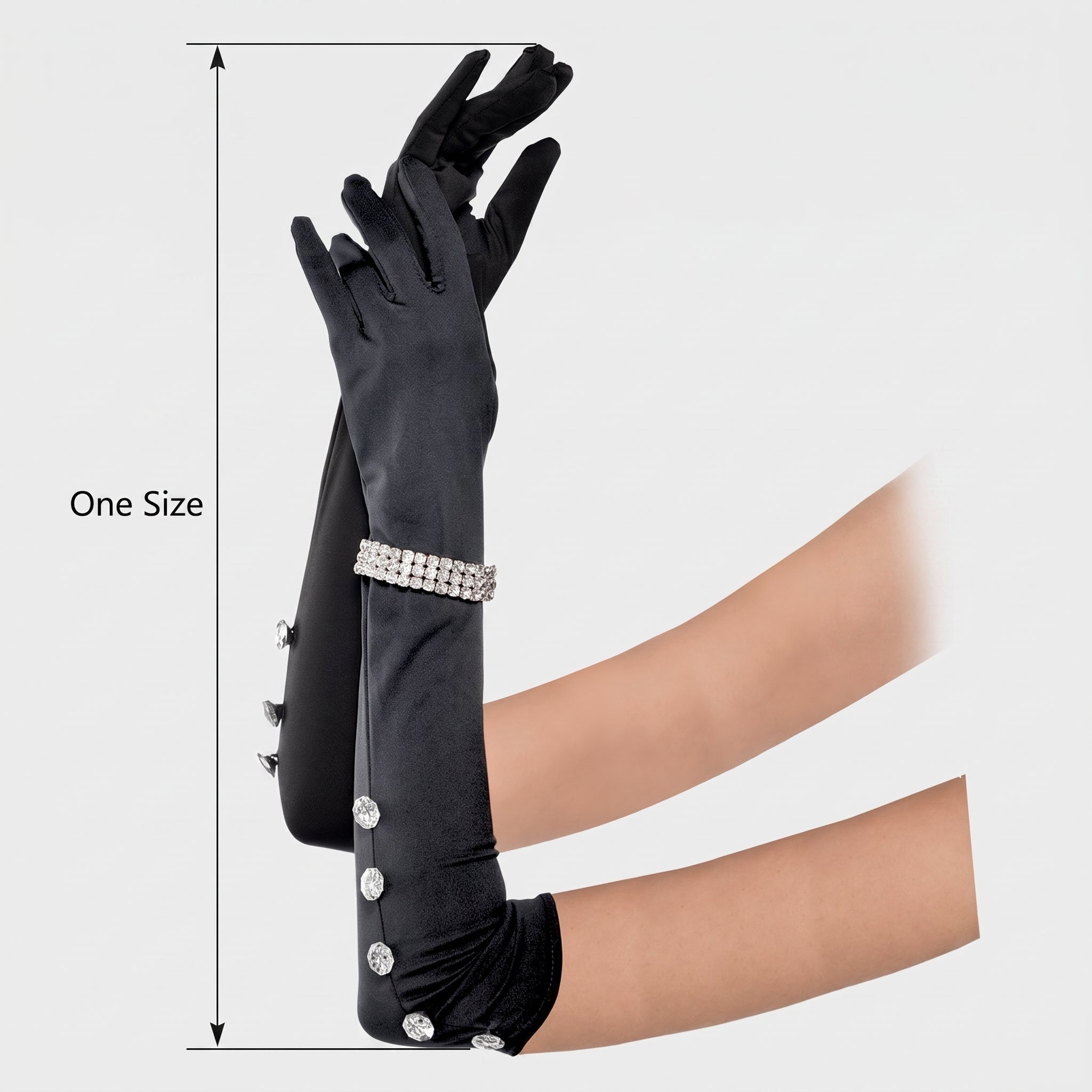 1920s Black Satin Elbow Gloves with Rhinestone Bracelet