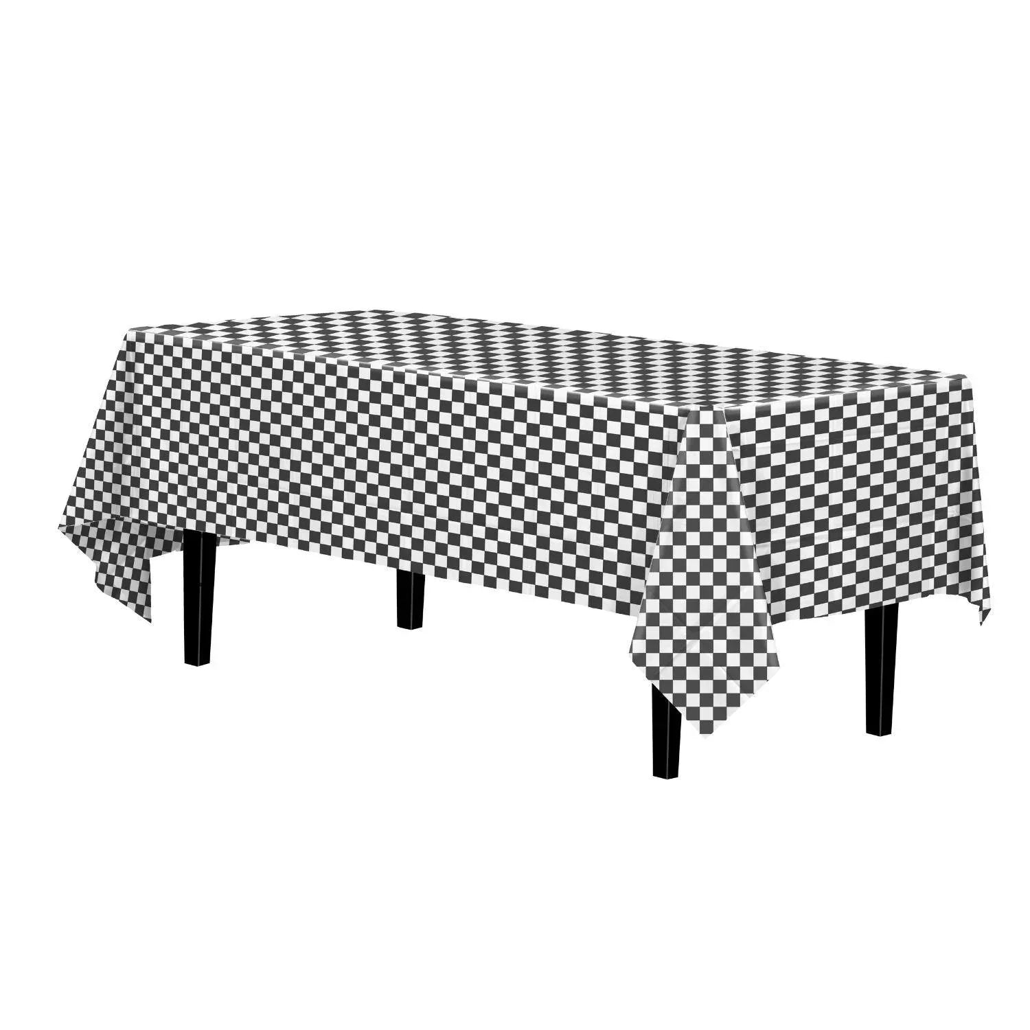 Black/White Checkered Plastic Table Covers | 12 Pack