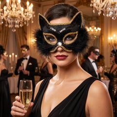 Elegant Black Marabou Cat Mask with Gold Trim