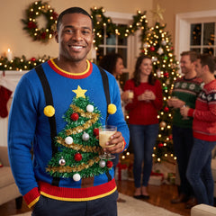Men's Ugly Christmas Tree Sweater - Blue, L/XL - Adult L/XL
