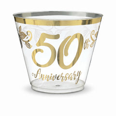 Elegant 50th Anniversary Plastic Tumblers, 9 oz, Clear/Gold, 30-Pack