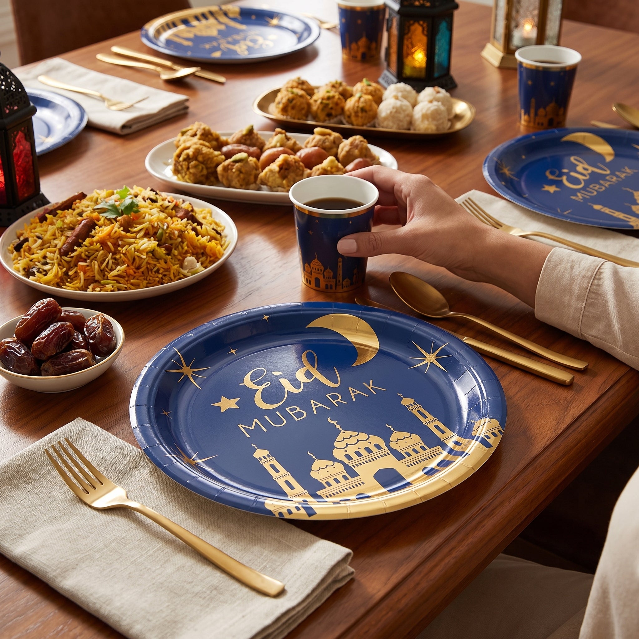 Eid Mubarak Round Plastic Serving Platter - Blue & Gold, 14"