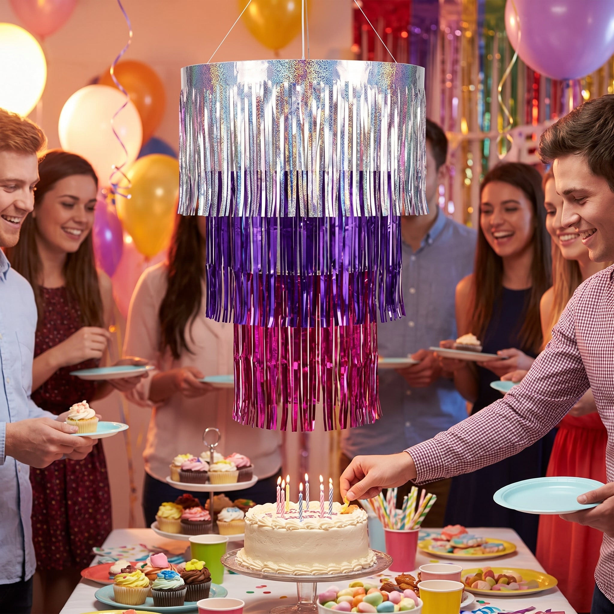 Sparkle Fringe 3-Tier Chandelier Decoration, Silver/Purple/Pink, 38"