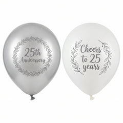 Silver & White 25th Anniversary Latex Balloons - 12", Pack of 15