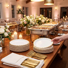 White Round Paper Plates with Metallic Gold Edge - 6.75"