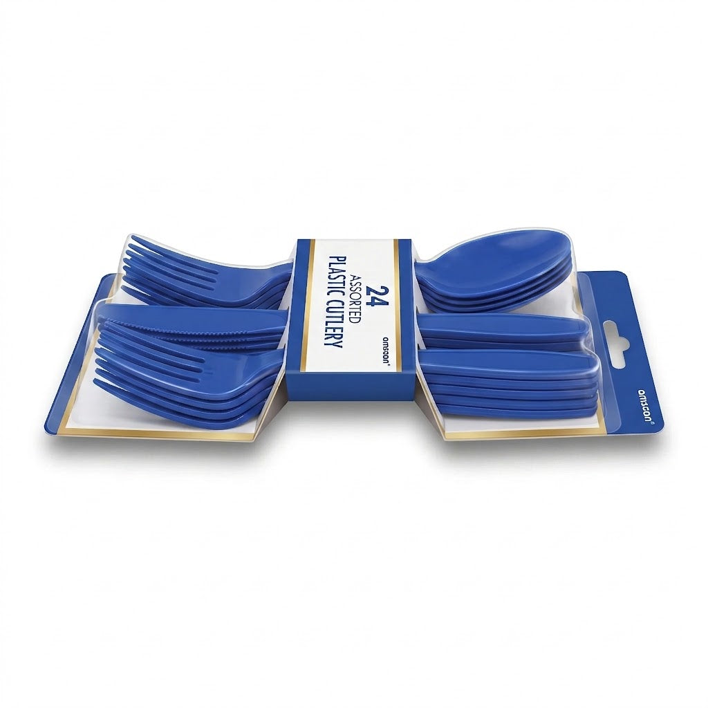 Royal Blue Assorted Plastic Cutlery Set - 24 Pieces - 7.5 in.