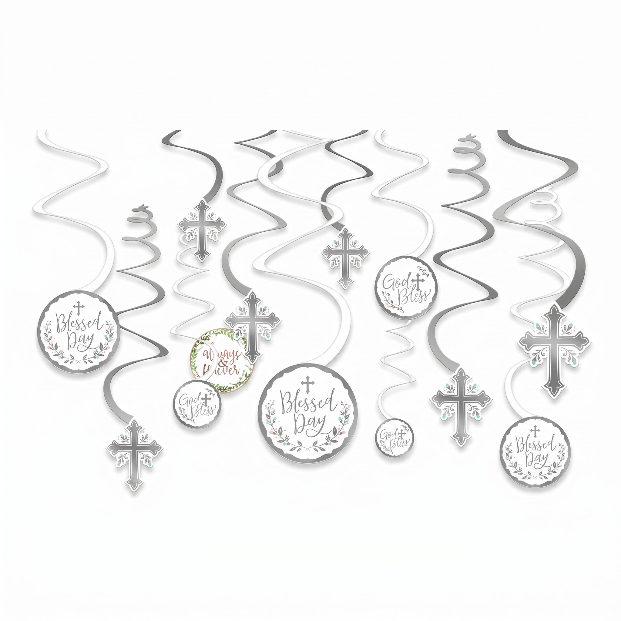 Silver Cross Holy Day Swirl Decorations - 12 Pack