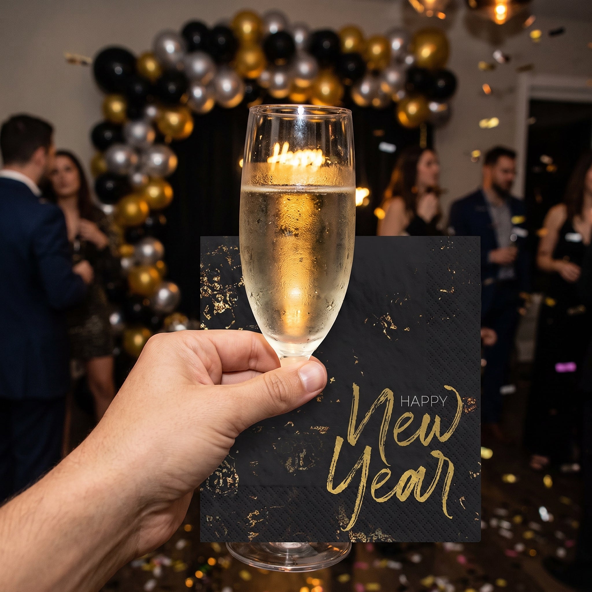 "Cheers for the New Year" Black and Gold Lunch Napkins - 6.5 In. x 6.5 In., 40-Pack