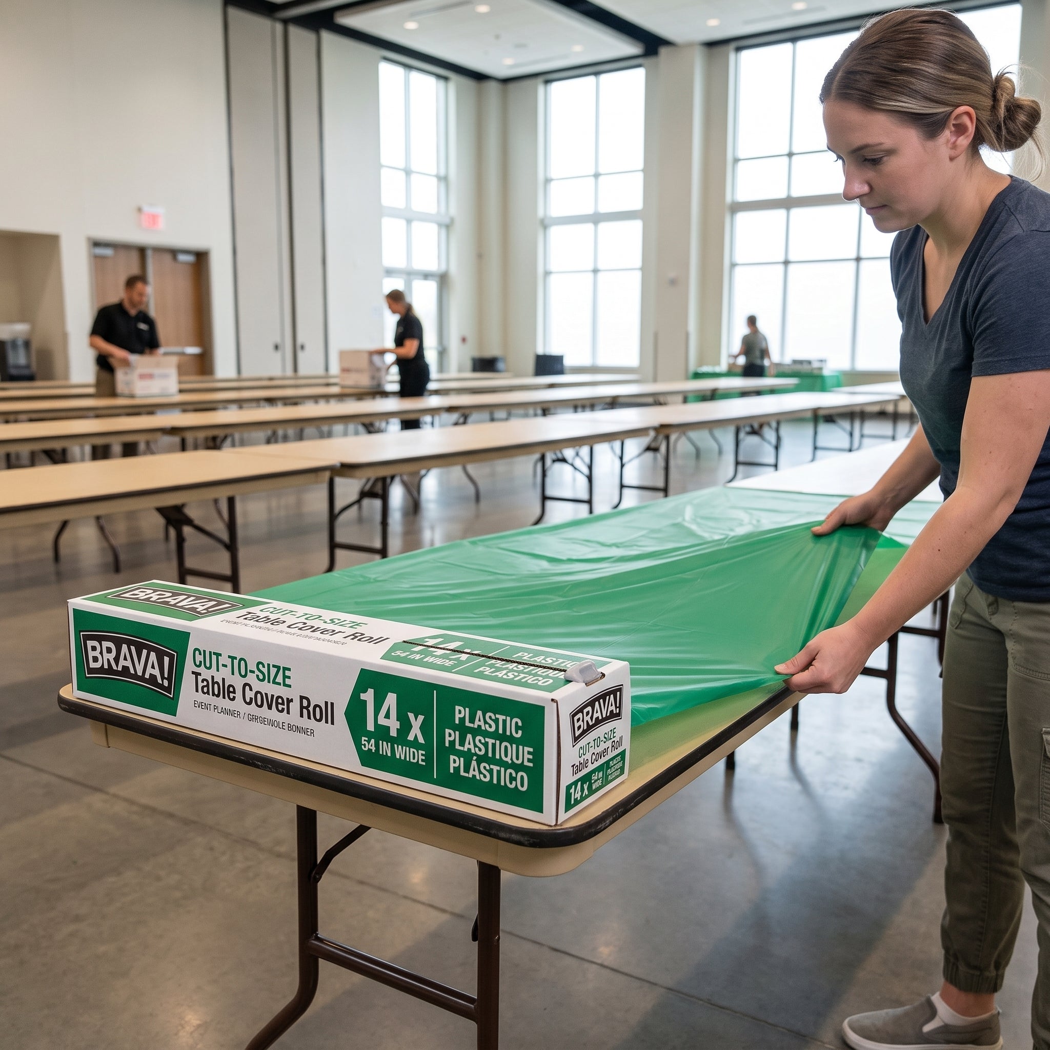 Festive Green Plastic Table Cover Roll with Built-in Slide Cutter - 54" x 126 ft