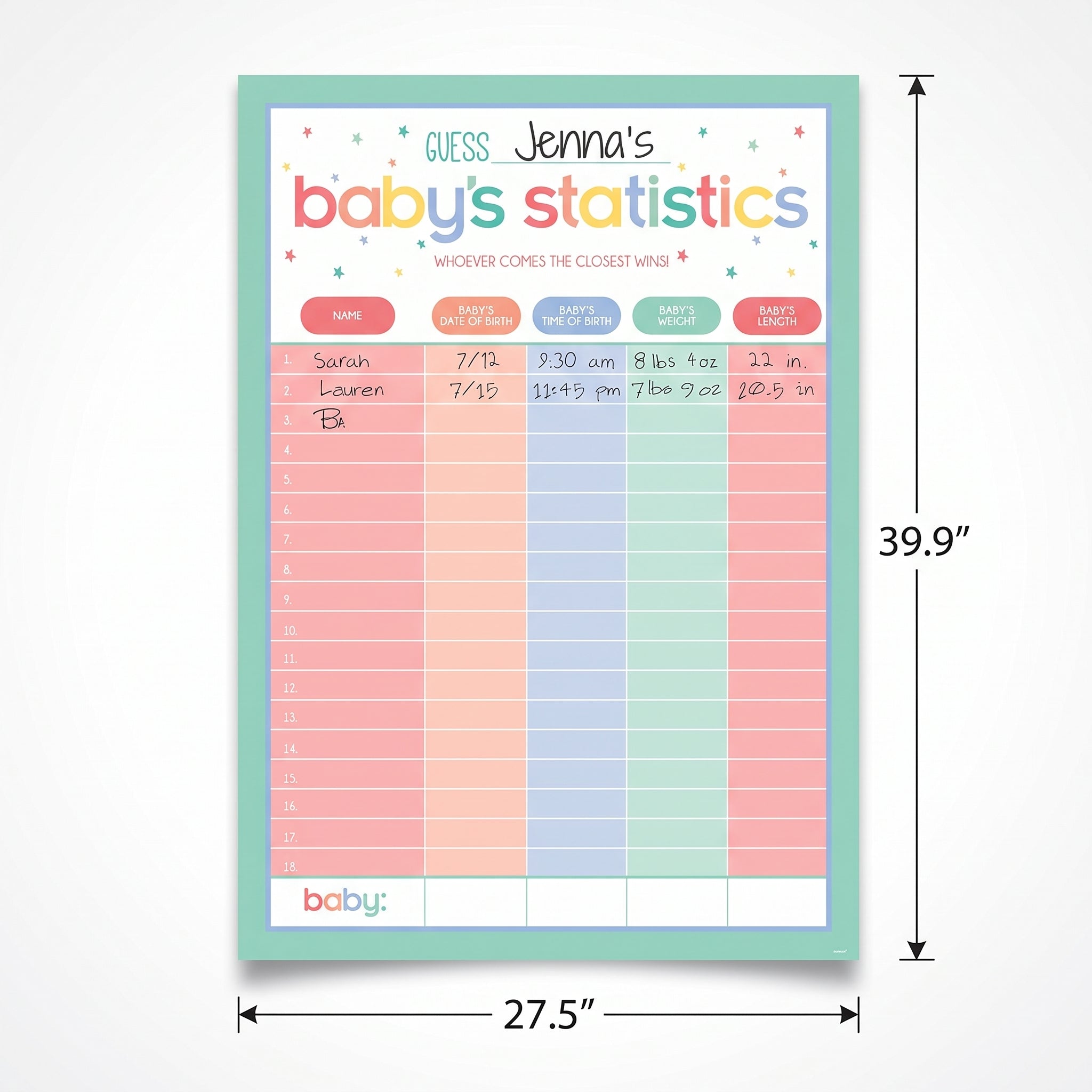 "Guess Baby's Statistics" Baby Shower Game Poster