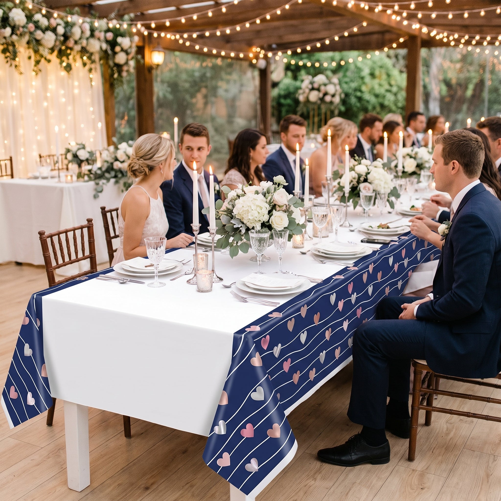Navy Love Plastic Table Cover - Elegant Wedding Decoration, 54x102-Inch