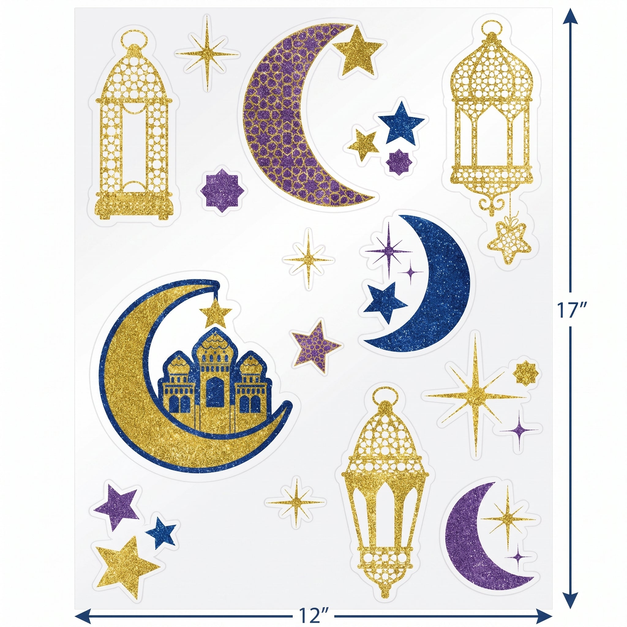 Glitter Crescent Moon & Mosque Eid Vinyl Window Clings