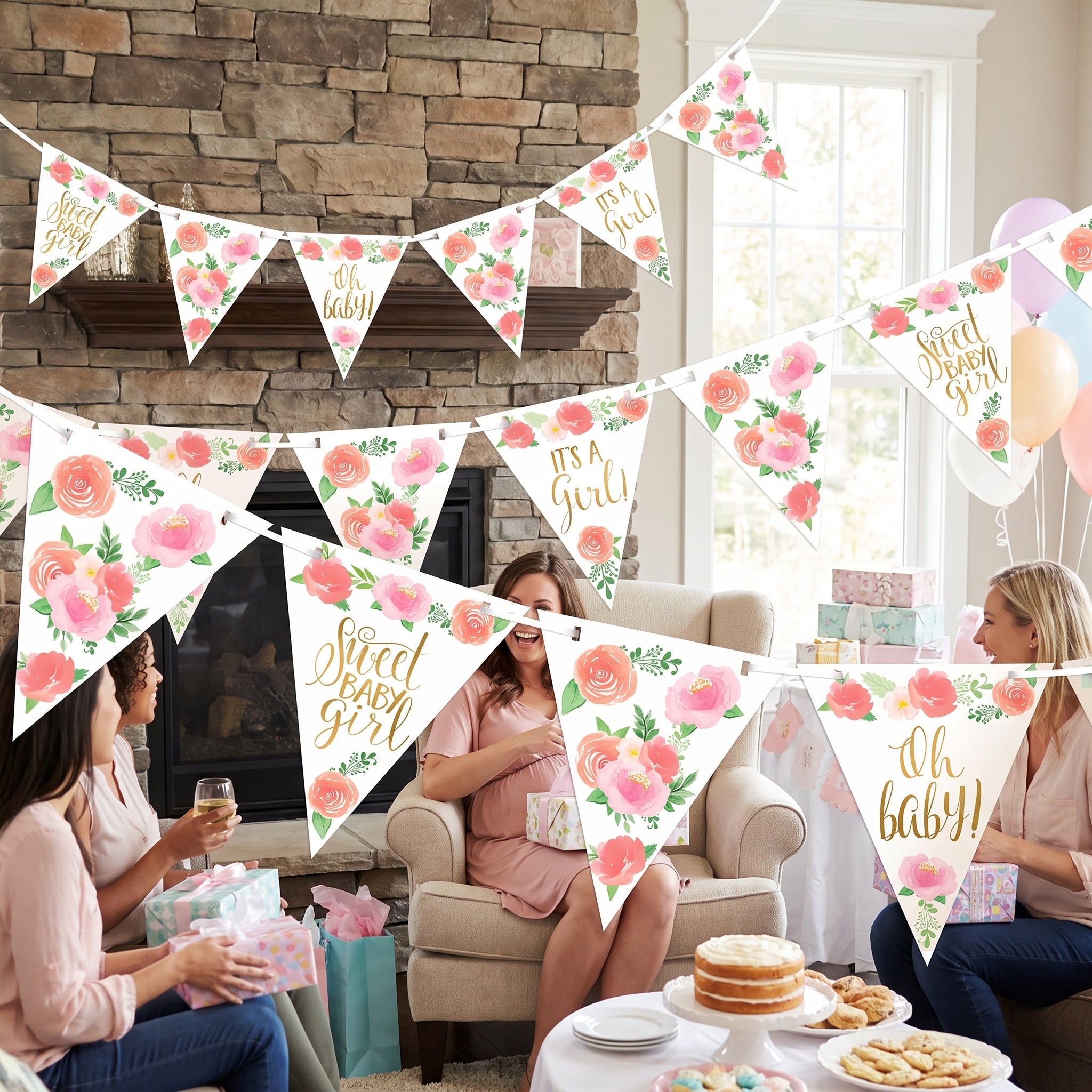 Floral Baby Shower Pennant Banner - "It's a Girl!" Decorations