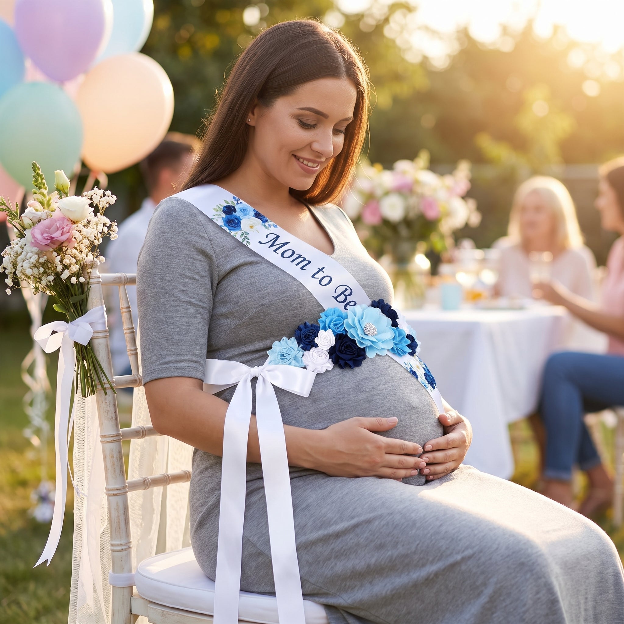 Blue Floral "Mom To Be" Bump Sash for Baby Shower