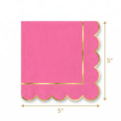 Bright Pink Scalloped Beverage Napkins with Gold Stamp - 5 In. X 5 In.
