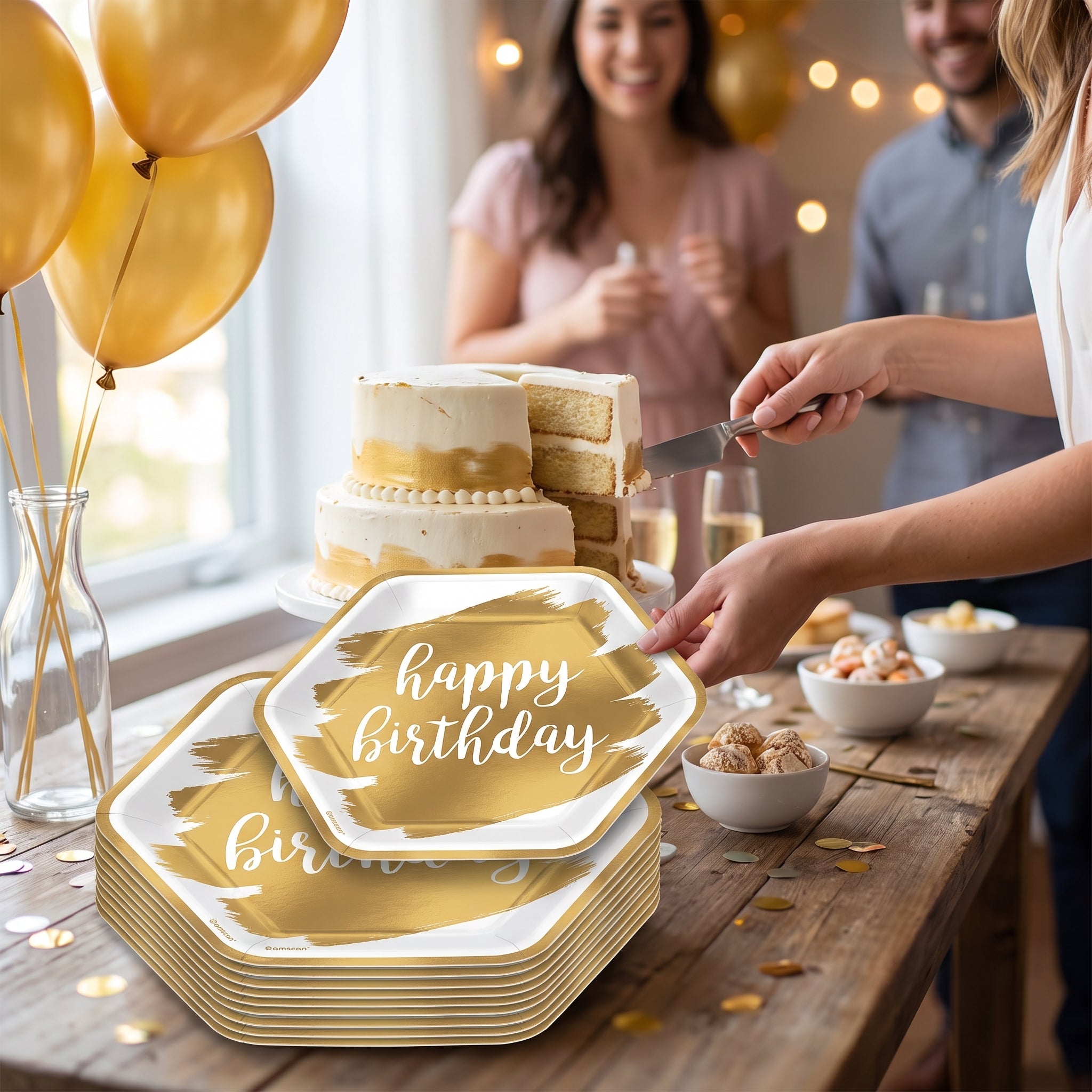 Golden Age Happy Birthday Hexagon Metallic Plates, 7-Inch, 8-Pack
