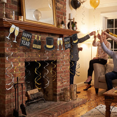 New Year's Eve Top Hat & Swirl Hanging Garland, 9-ft, Black/Gold/Silver