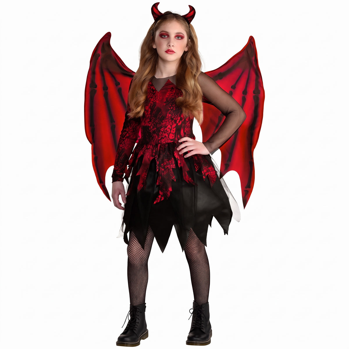 Girls' Daredevil Halloween Costume with Wings and Horns - Child L (12-14)
