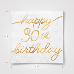 Golden Age "Happy 30th Birthday" Beverage Napkins, Gold/White, 16-Pack - 5 In. X 5 In.