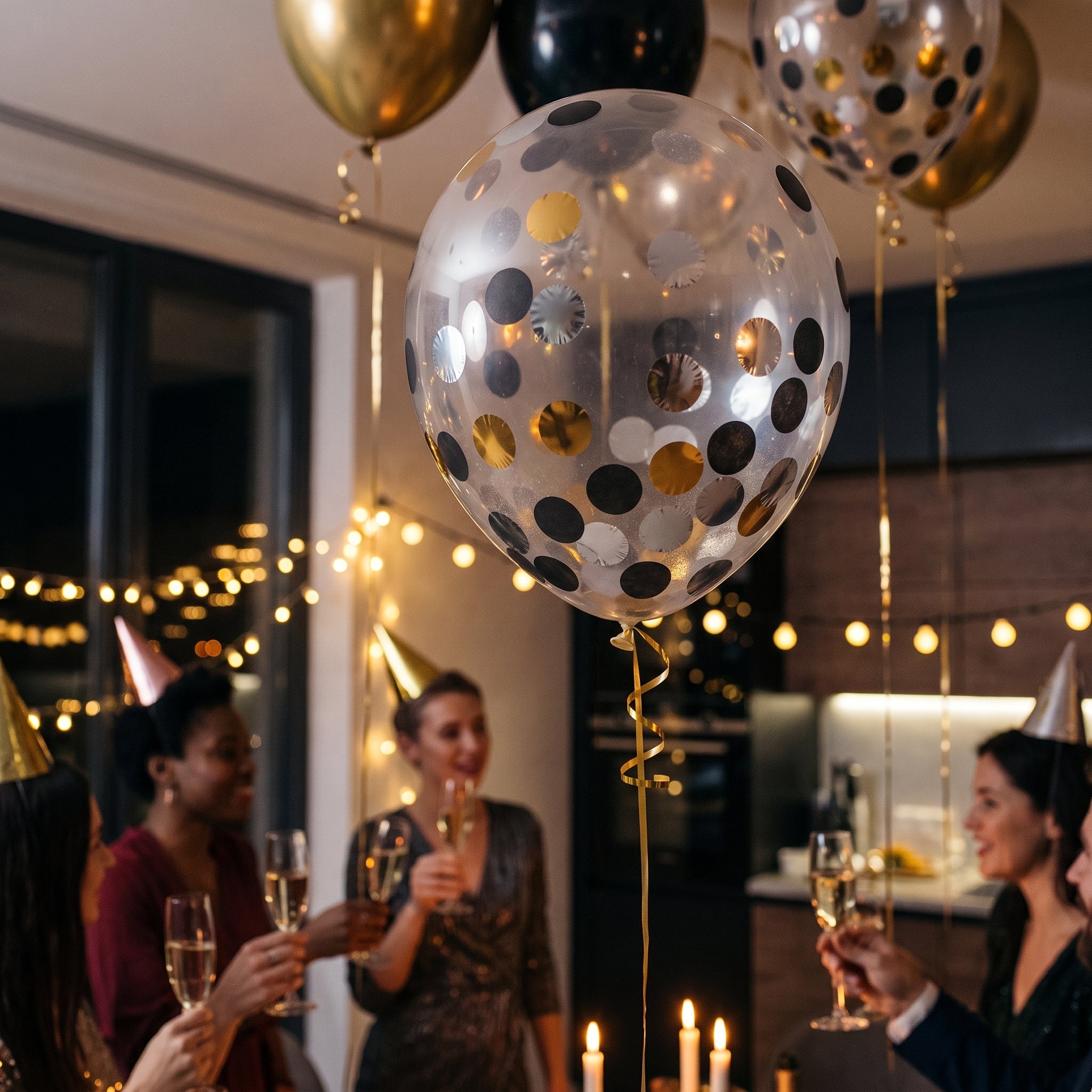 Elegant Confetti Latex Balloons - 12" Black, Silver, and Gold (6 Pack)