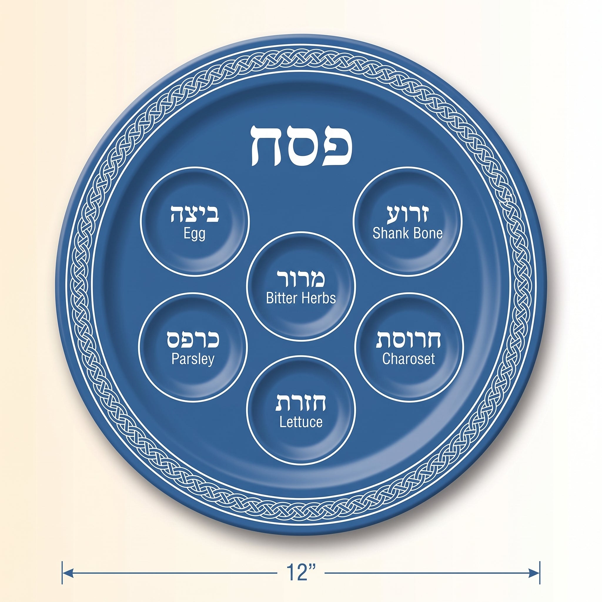 Blue Melamine Seder Passover Plate with Hebrew and English Labels