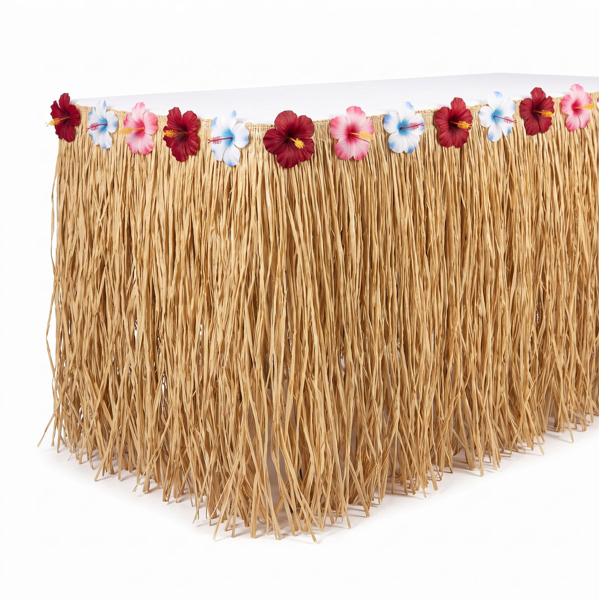 Tropical Natural Grass Table Skirt with Hibiscus Accents - 9ft x 15in