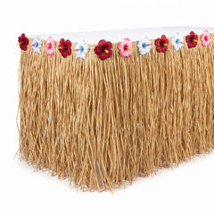 Tropical Natural Grass Table Skirt with Hibiscus Accents - 9ft x 15in