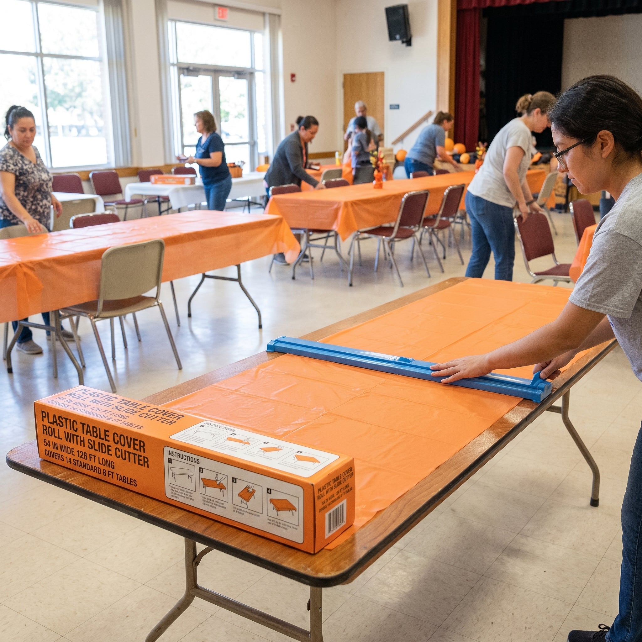 Orange Plastic Table Cover Roll with Cutter - 54 x 126 ft