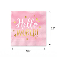 "Hello World" Pink and Gold Lunch Napkins - 6.5 In. x 6.5 In. - 16 Pack