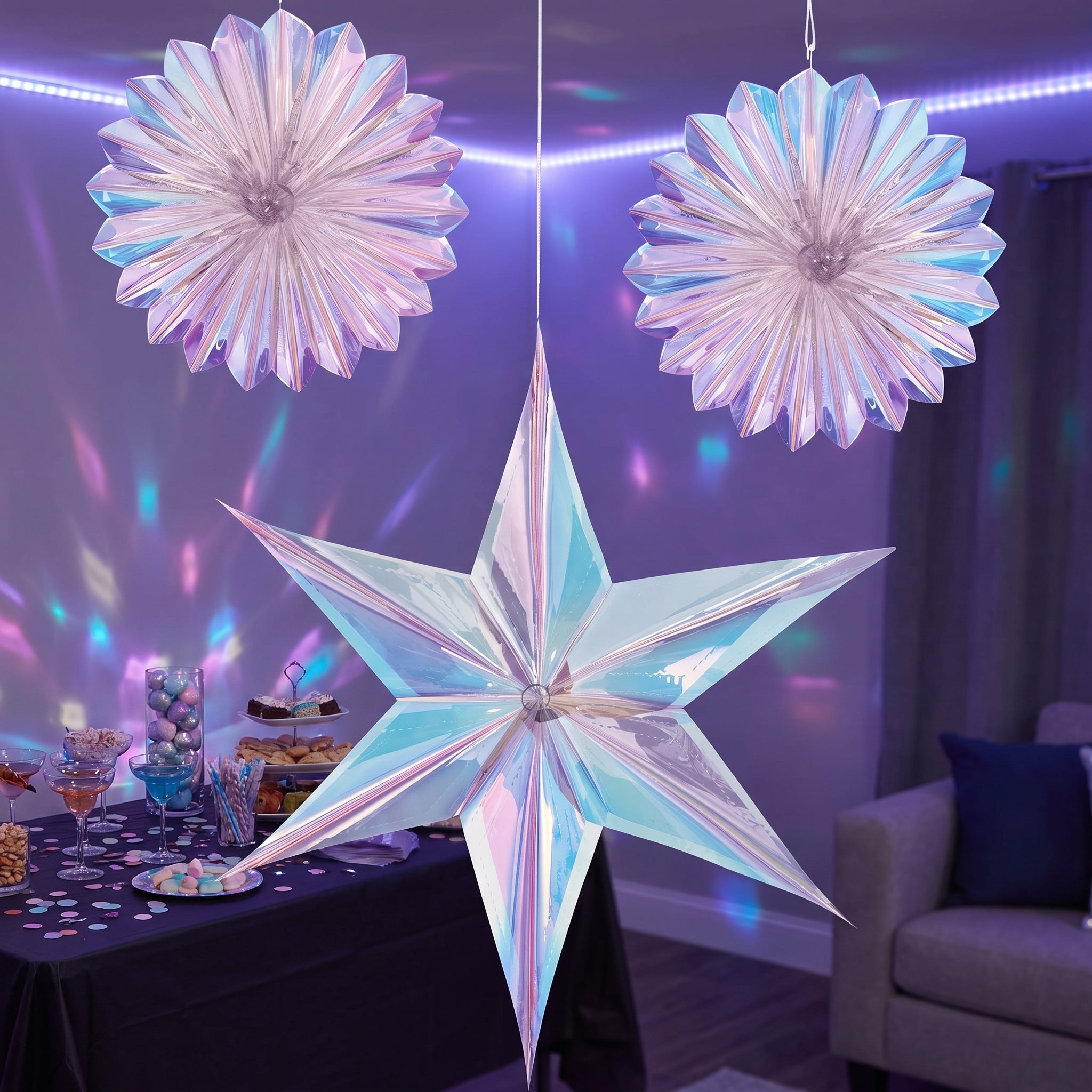 Iridescent Star and Fan Hanging Decorations, 16-Inch, 3-Pack
