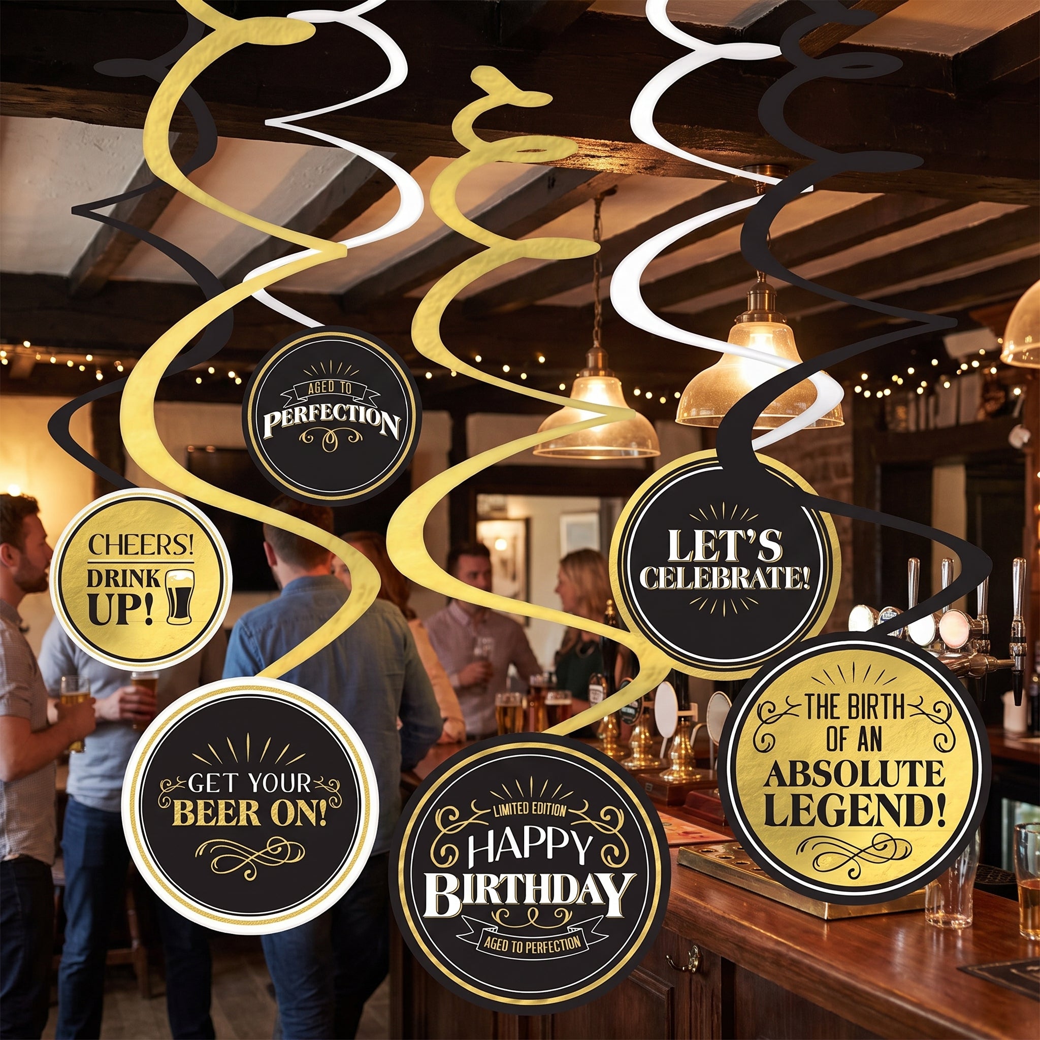 "Better with Age" Birthday Swirl Hanging Decorations, Gold & Black, 12-Pack