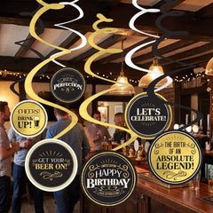 "Better with Age" Birthday Swirl Hanging Decorations, Gold & Black, 12-Pack