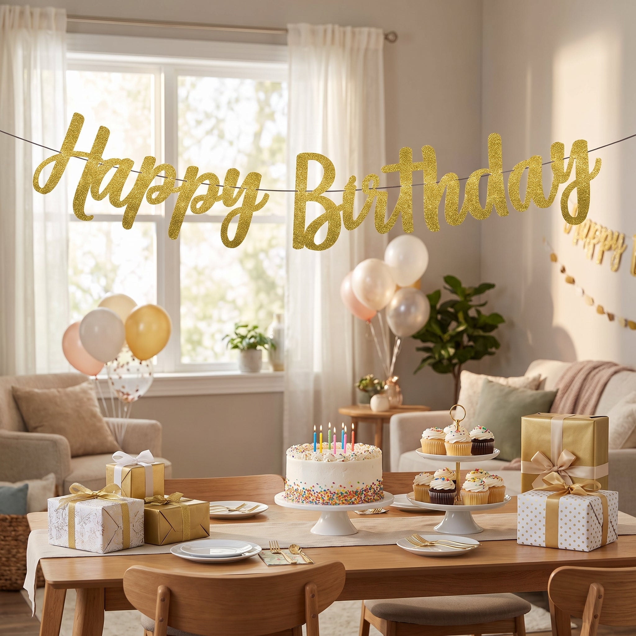 Golden Glitter Happy Birthday Banner