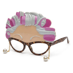 Old Lady Costume Glasses with Hair Curlers & Faux Pearls - Fun Shades