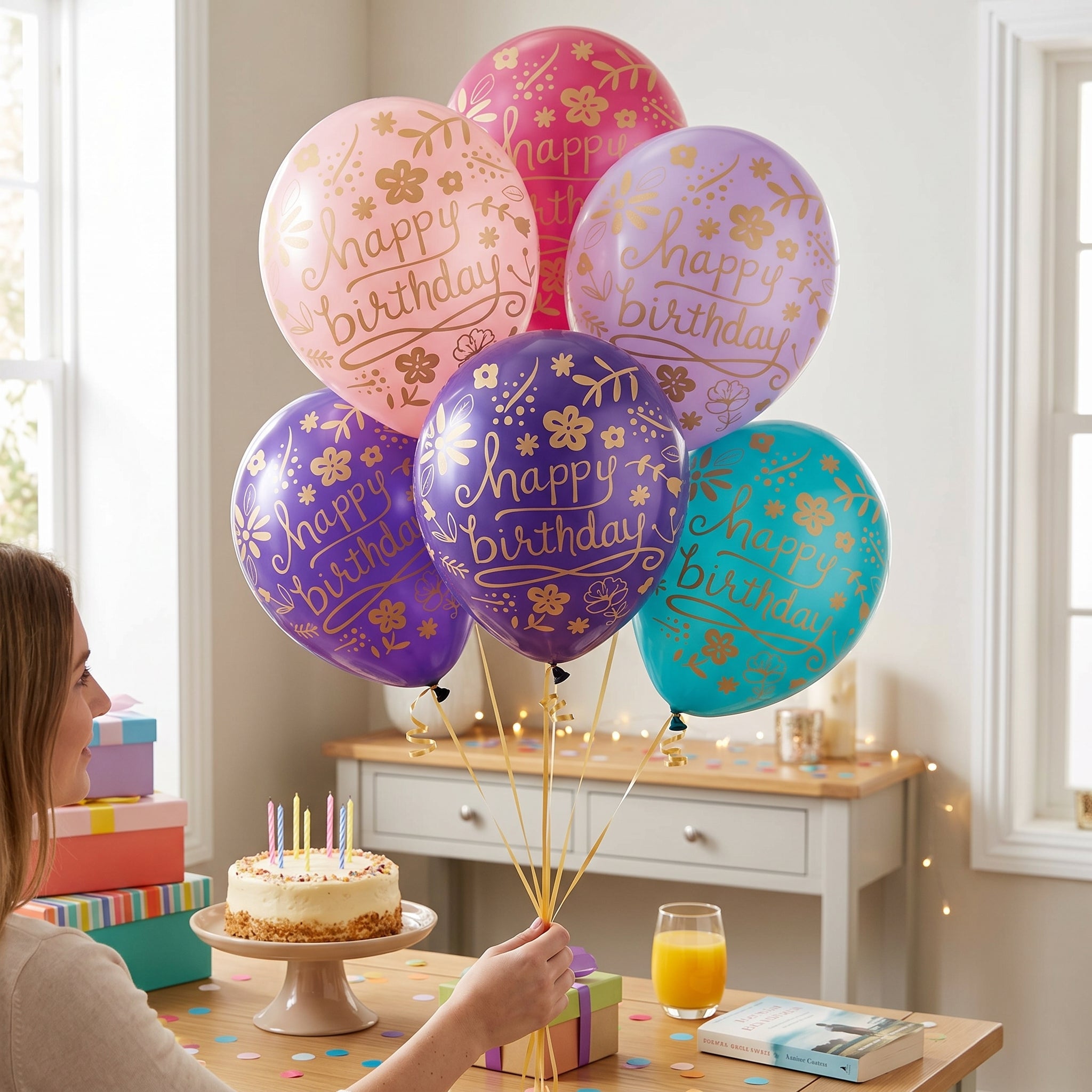 Happy Birthday Floral Latex Balloons - Gold Print Assorted Pink Purple Blue Teal 12-Inch 20-Pack for Elegant Birthday Party Decorations