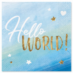 "Hello World" Blue and Gold Lunch Napkins - 6.5 In. x 6.5 In., 16-Pack