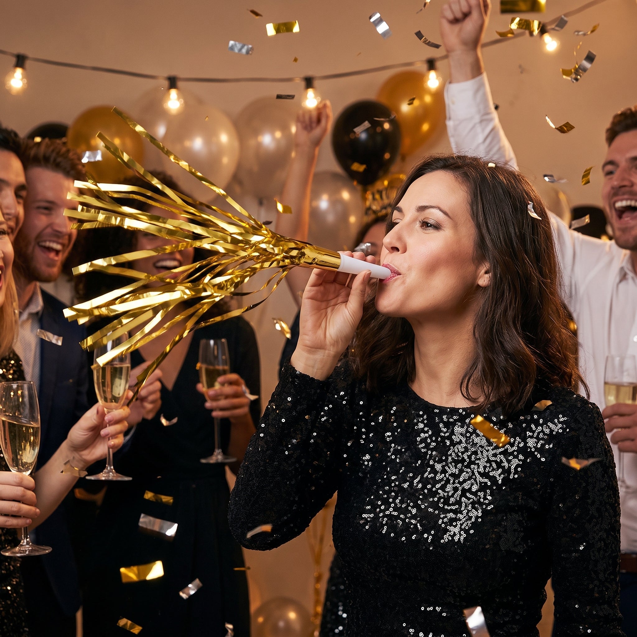 Metallic Fringe New Year's Eve Party Blowout Noisemakers - 8 Pack