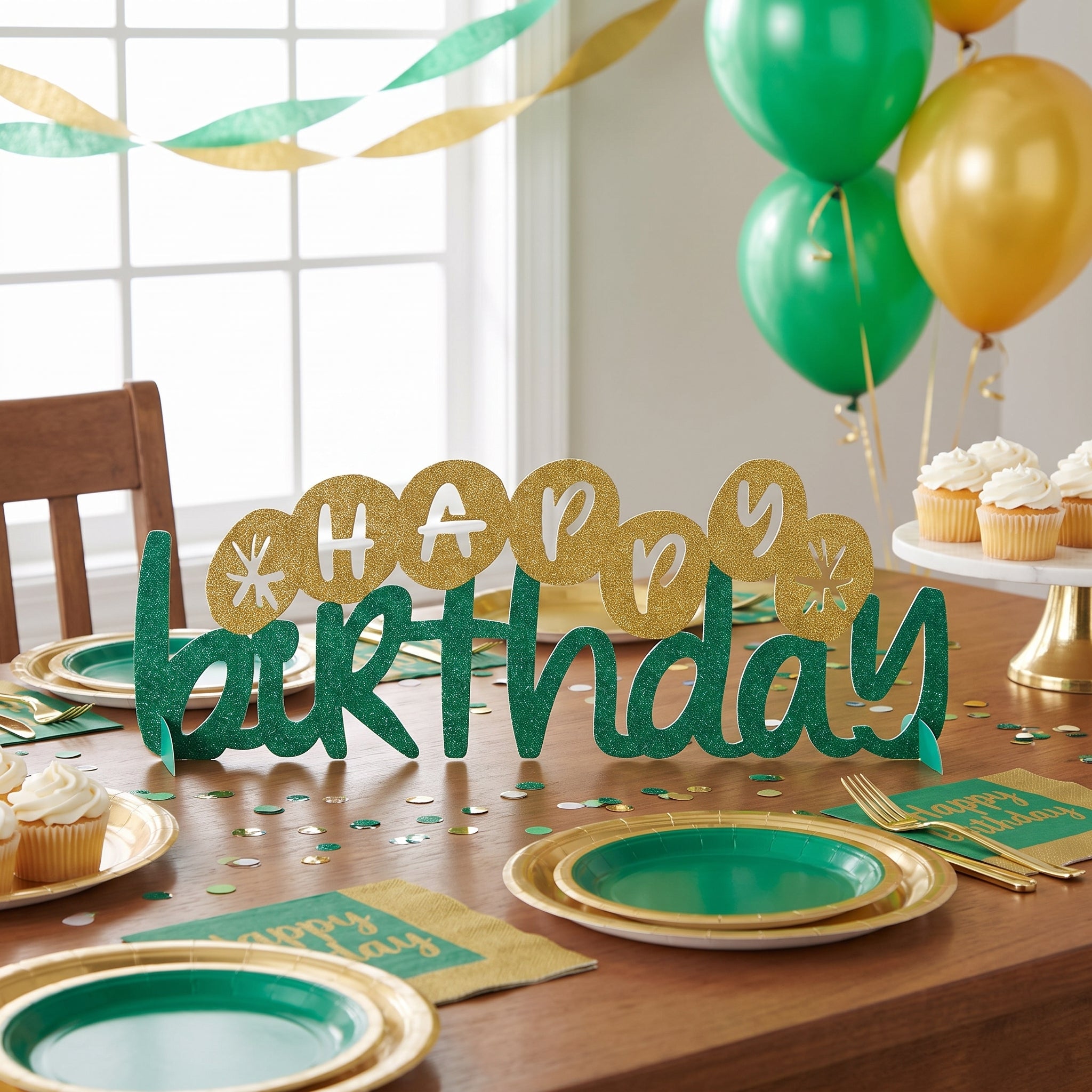 Glittery Green and Gold "Happy Birthday" Table Centerpiece