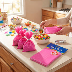 Bright Pink Small Party Treat Bags with Twist Ties, 25-Pack
