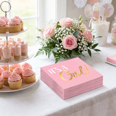 It's a Girl! Pink and Gold Beverage Napkins - 16 Pack - 5 In. X 5 In.