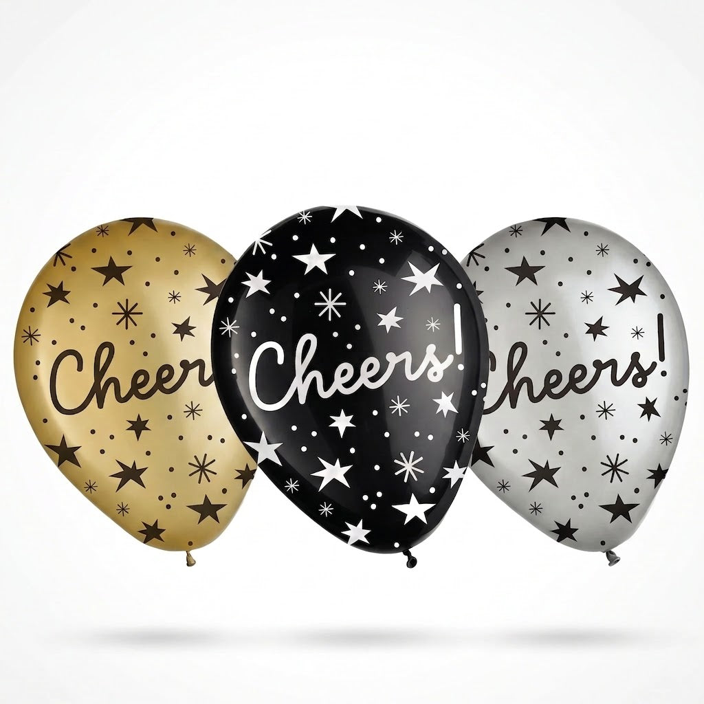 Cheers Star-Print Latex Balloons, Black/Gold/Silver, 11-Inch, 15-Pack