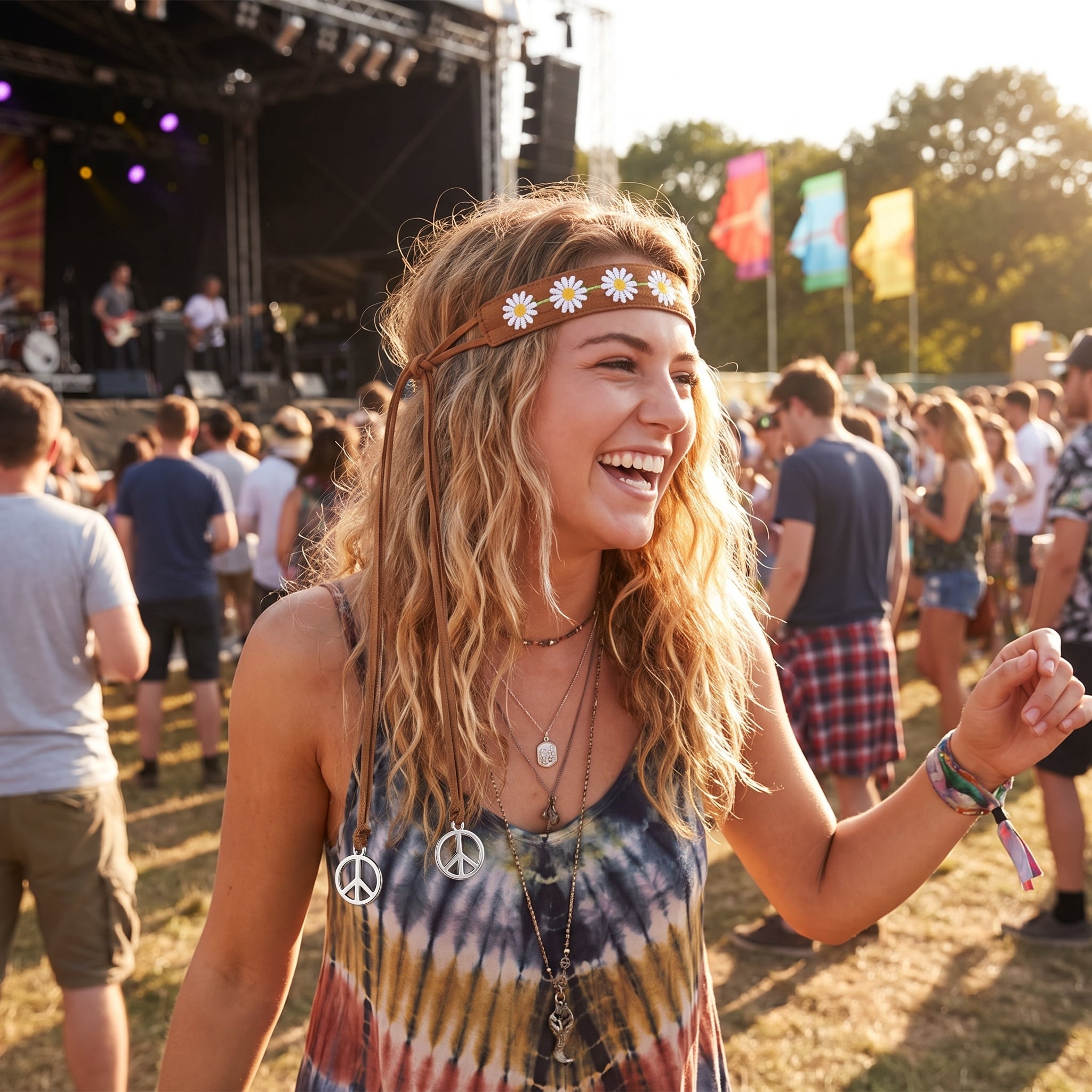Hippie Festival Flower Headband with Peace Charms