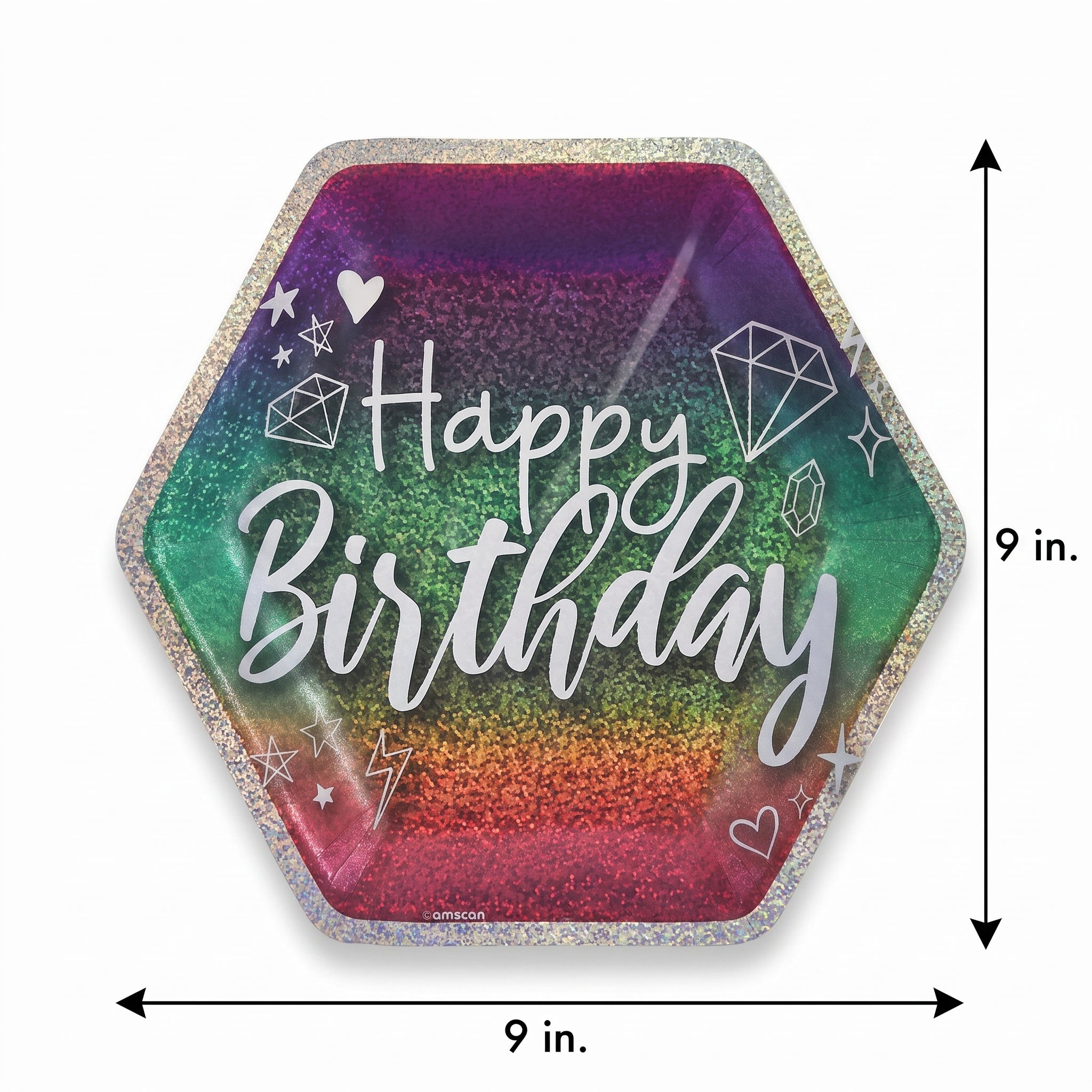 Prismatic Sparkle Hexagon "Happy Birthday" Paper Plates - 9-Inch (8-Pack)