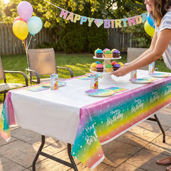Sparkle Ombre Rainbow "Happy Birthday" Plastic Table Cover, 54x96-inch