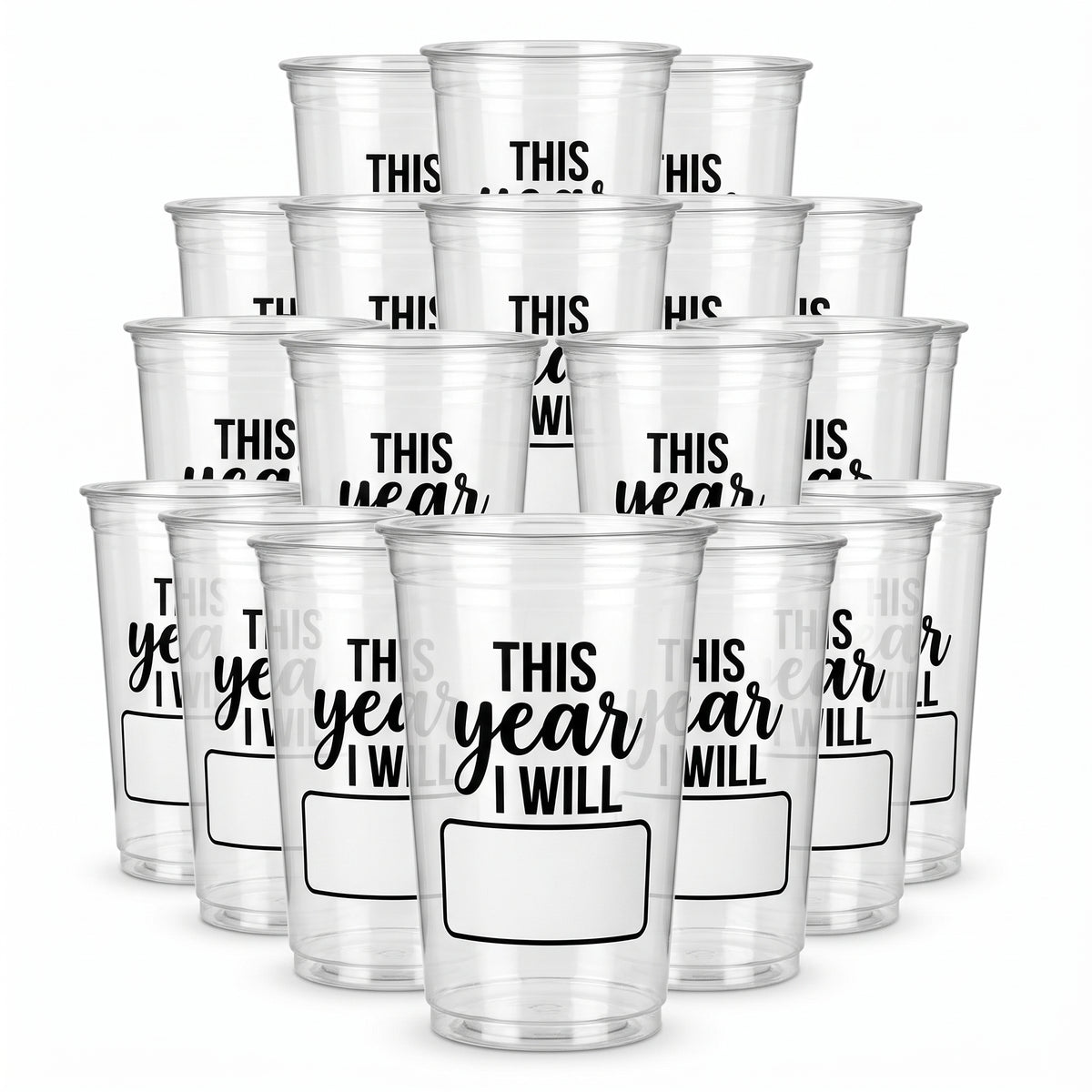 "This Year I Will" Clear Plastic Tumblers, 16 oz, 20 Pack for New Year's Eve