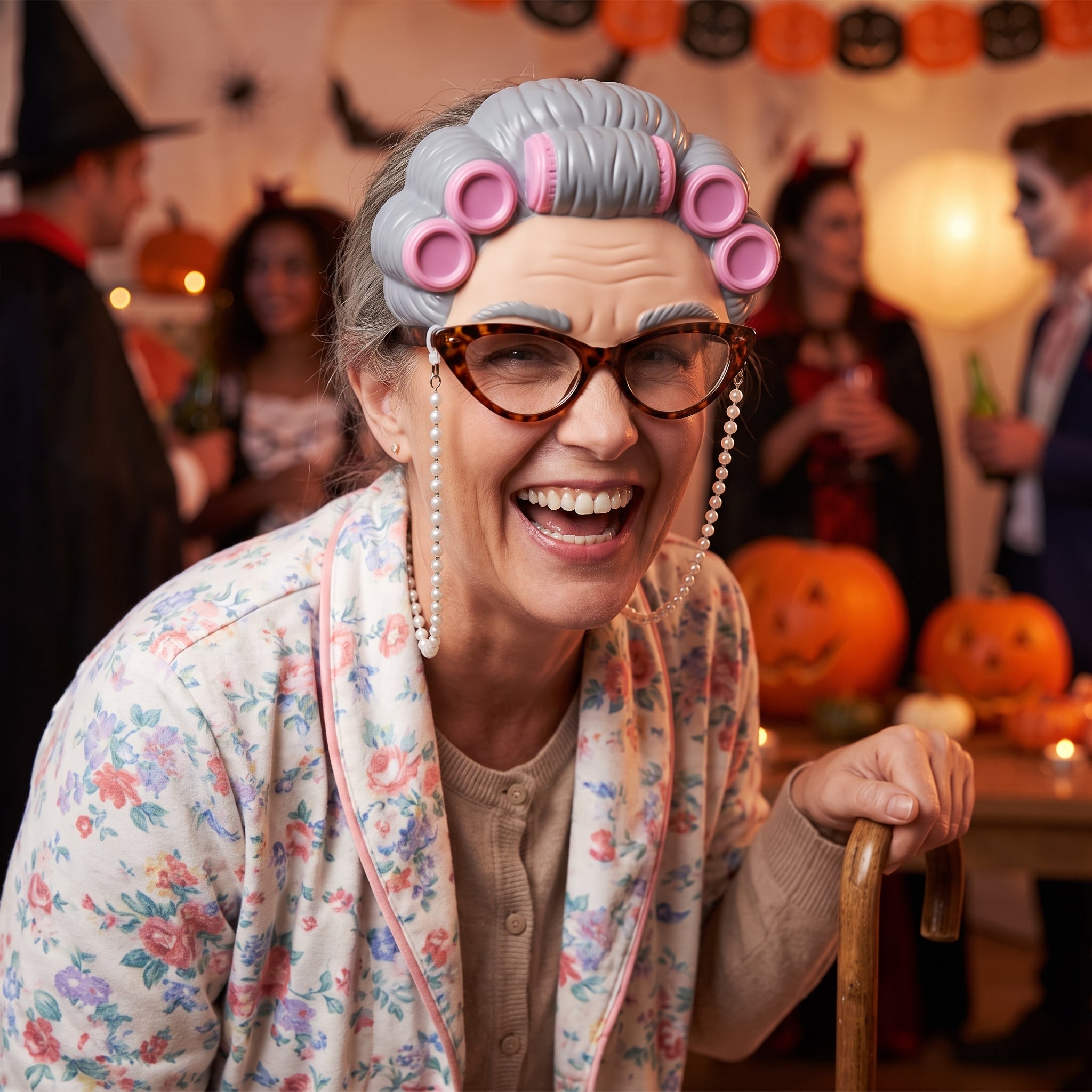 Old Lady Costume Glasses with Hair Curlers & Faux Pearls - Fun Shades